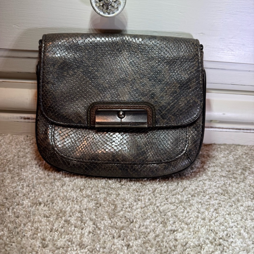 Coach Kristin Snake Skin Leather Crossbody Half Moon Purse Silver Chain